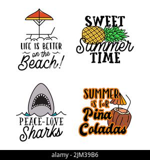 Summer badges set with different quotes and sayings - Summer is for Pina Coladas. Retro beach logos. VIntage surfing labels and emblems. Stock vector Stock Vector