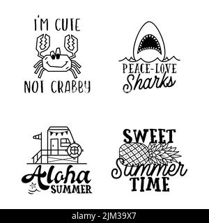 Summer badges set with different quotes and sayings - Im Cute Not Crabby. Retro beach logos. VIntage surfing labels and emblems. Stock vector graphics Stock Vector