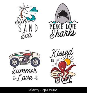 Summer badges set with different quotes and sayings - Kissed By the Sun. Retro beach logos. VIntage surfing labels and emblems. Stock vector graphics Stock Vector