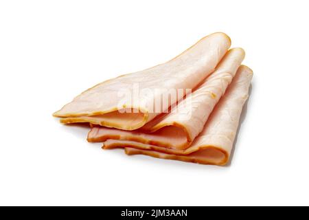 Three thin slices of ham folded on white background Stock Photo