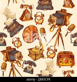 Retro devices sketch seamless pattern with alarm clock photo camera microphone vector illustration Stock Vector