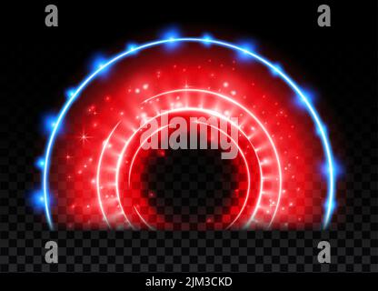 Red magic arc. Abstract magic light effect. Luminous neon arch lines with flying lights. Stock Vector