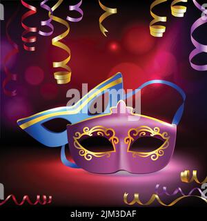 Traditional venetian carnival mardi gras realistic 3d masks on holiday background vector illustration Stock Vector