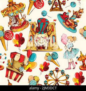 Amusement park hand drawn seamless pattern with family attractions and sweets vector illustration Stock Vector