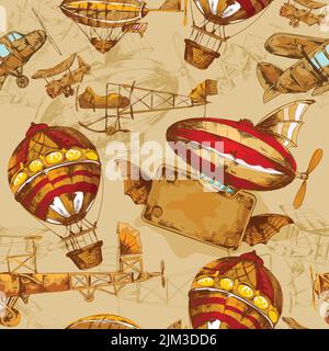 Aeronautic transport old style aviation machines seamless pattern hand drawn vector illustration Stock Vector