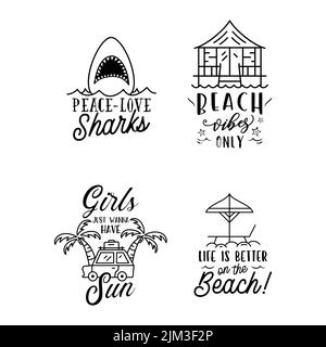 Summer badges set with different quotes and sayings - Peace Love Sharks. Retro beach logos. VIntage surfing labels and emblems. Stock vector graphics Stock Vector