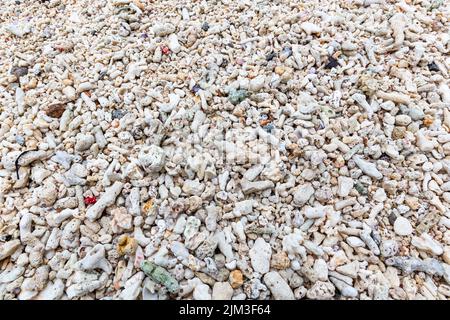 Pieces of dead bleached coral reef washed out on a beach after coral bleaching event on Mahe Island, Seychelles. Stock Photo