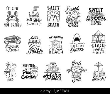 Summer badges big set with different quotes and sayings - Sweet Summer Time. Retro beach logos. VIntage surfing labels and emblems. Stock vector Stock Vector