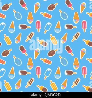 Different types of ice cream on blue background seamless pattern Stock Vector