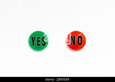 Yes No text on colored button against white background. Answer and question concept. Stock Photo