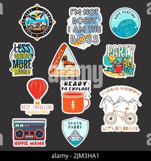 Set of vector stickers with creative inscriptions and images Stock Vector