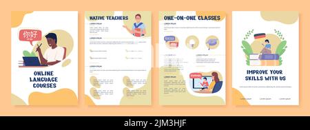 Online language courses flat vector brochure template Stock Vector
