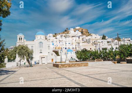 Ios, Greece. December 28, 2010: The beautiful village of Chora in Ios island of Greece, with the traditional churches Stock Photo