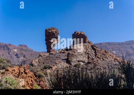 A beautiful landscape view of Roque Cinchado seen from behind in the natural area of Mount Teide in Tenerife, Canary Islands, Spain Stock Photo