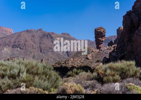 A beautiful landscape view of Roque Cinchado seen from behind in the natural area of Mount Teide in Tenerife, Canary Islands, Spain Stock Photo