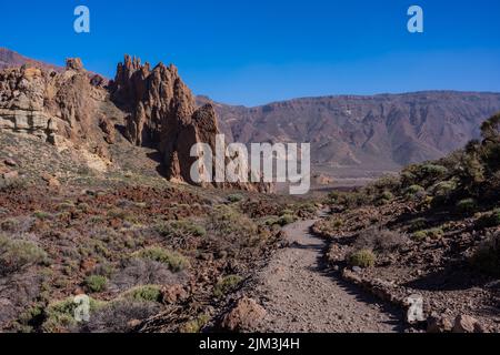 The lower area of the trekking on the path between Roques de Gracia and Roque Cinchado in the natural area of Mount Teide in Tenerife, Canary Islands Stock Photo