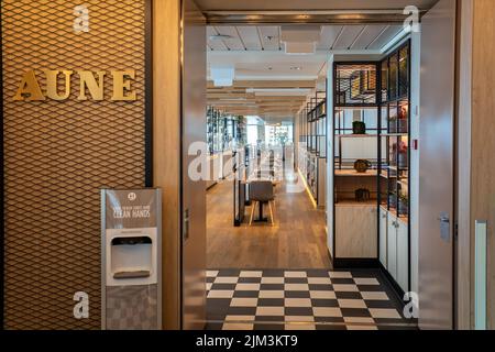 The Aune restaurant on board Hurtigruten's MS Fridtjof Nansen Expedition ship in Disko Bay, Greenland on 19 July 2022 Stock Photo