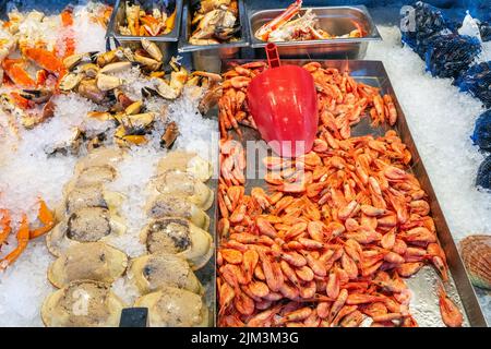 Clams and prawns for sale at a market in Bergen, Norway Stock Photo