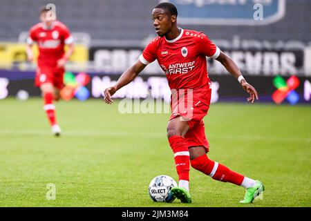 Antwerp's Michel Ange Balikwisha pictured in action during the match between Belgian soccer team Royal Antwerp FC RAFC and Norwegian team Lillestrom SK, Thursday 04 August 2022, in Kjeller, Norway, the first leg in the third qualifying round of the UEFA Conference League competition. BELGA PHOTO LAURIE DIEFFEMBACQ Stock Photo