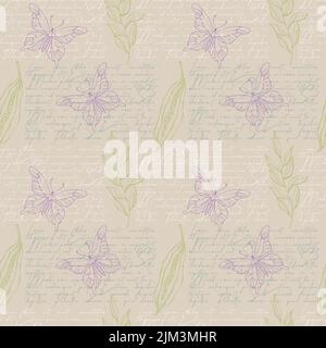 Pattern text and doodle floral branch, butterfly. Vector illustration Stock Vector