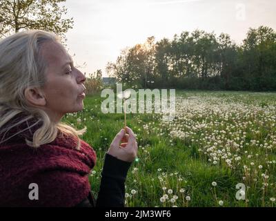 Young spring fashion blonde woman blowing dandelion in spring garden. Springtime, summertime. Trendy girl in summer landscape background. Allergic to pollen of flowers. Spring allergy. High quality photo Stock Photo