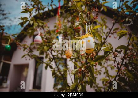 A closeup of a tree decorated with Easter eggs against the background of the house. Selected focus. Stock Photo