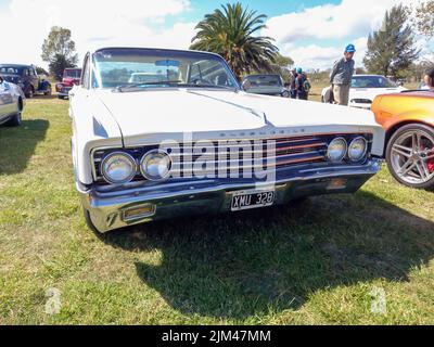 White old luxury Oldsmobile Ninety Eight sport coupe hardtop 1963 by GM in the countryside. Front view. Grill. Nature, grass, trees. Classic car show Stock Photo