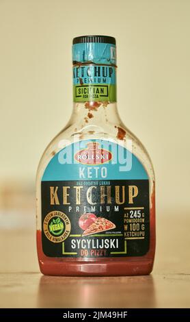 Vertical closeup shot of Polish Roleski brand ketchup for pizza in a plastic opened bottle Stock Photo
