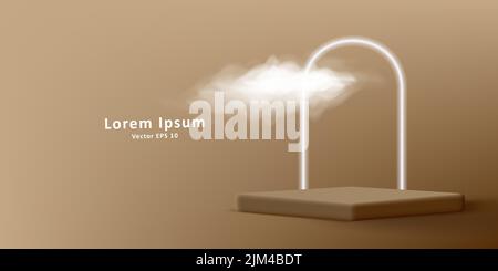 3d pedestal cube with neon light arch and realistic cloud illustration Stock Vector