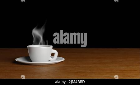 A 3D rendering of a steaming drink in a cup and saucer on a wooden table Stock Photo