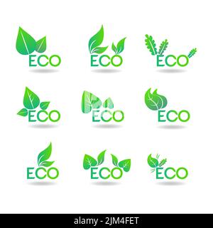 Ecology icon set. Eco-icons with green leafs on white background Stock Vector