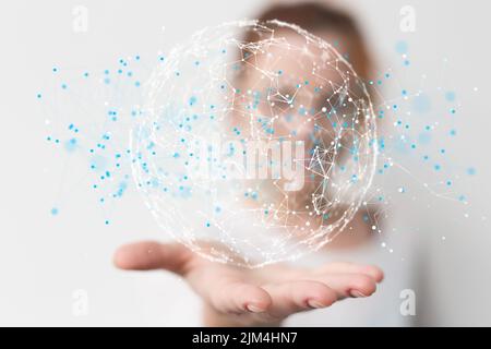 A person presenting a virtual projection of global network Stock Photo