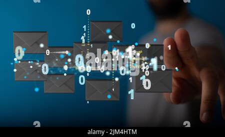 A 3D rendering of email inbox icons floating on a businessman's hand ...