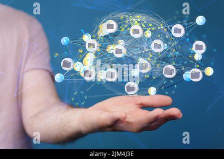 A digital icon of files network on a male hand with a blue background, Analytics Data cloud storage Stock Photo