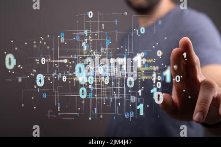 A male clicking on Business intelligence analyst dashboard on virtual with blurred background Stock Photo