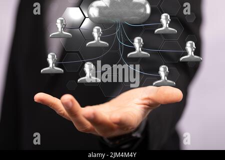 A 3D rendering of profile icons levitating in the air next to a person ...