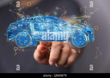 A man tapping on a 3D rendering of a holographic smart car Stock Photo