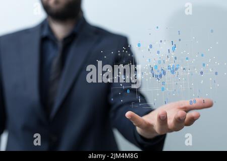 A 3D rendering of a binary code levitating in the air above a person's ...