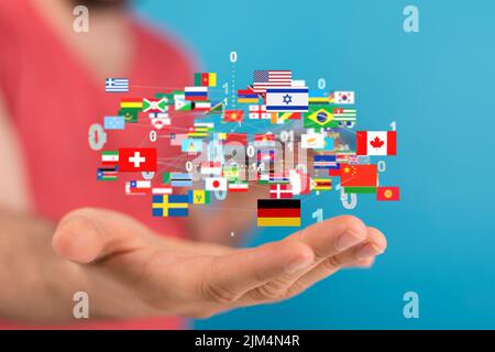 Man's hand with the concept of globalization, languages of the world Stock Photo