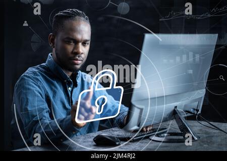 Computer Cyber Security. Digital Information Lock Icon Stock Photo