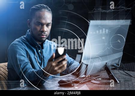 Computer Cyber Security. Digital Information Shield Icon Stock Photo