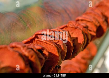 abstract dried brown apple pieces heap closeup under sunny rays reflected in glass window, food diversirty Stock Photo