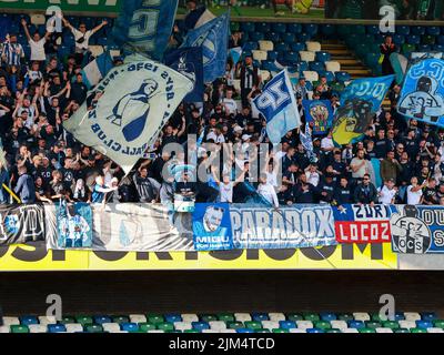 Windsor Park, Belfast, Northern Ireland, UK. 04 Aug 2022. UEFA Europa League Third Qualifying Round  (first leg) – Linfield v FC Zurich. Action from tonight's game at Windsor Park (Linfield in blue). FC Zurixh fans at Windsor Park before kick-off. Credit: CAZIMB/Alamy Live News. Stock Photo