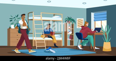 Flat students in dormitory room. Teens living together in university dorm bedroom or hostel apartment with bunk bed, table with laptop, chair and bookshelf. Multicultural teenagers preparing for exams Stock Vector