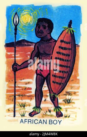 Retro design of a card for playing Snap, featuring an African boy, circa 1940 Stock Photo
