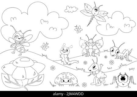 Cartoon coloring book page for kids. Black outline vector illustration for children with flowers, cute caterpillar, grasshopper, bee, butterfly and happy ladybug on white background. Stock Vector