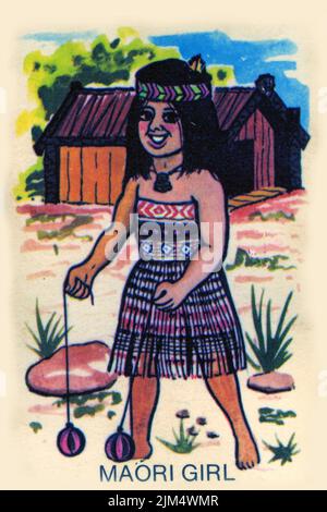 Retro design of a card for playing Snap, featuring a Maori girl, circa 1940 Stock Photo