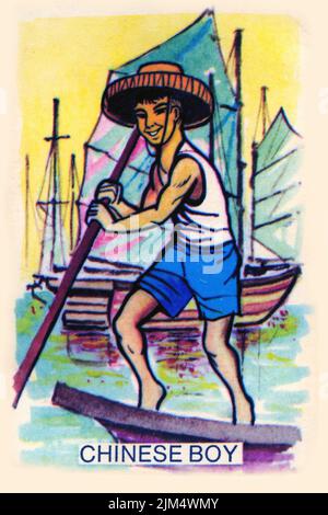 Retro design of a card for playing Snap, featuring a Chinese boy, circa 1940 Stock Photo