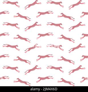 Vector seamless pattern of flat jumping pink cheetah isolated on white background Stock Vector