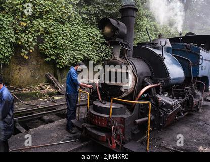 June 11, 2022, Darjeeling, West Bengal, India: The steam engines of UNESCO World Heritage Site Darjeeling Himalayan Railway ''toy train''-s at the Darjeeling loco shed preparing for the early morning haul in Darjeeling, West Bengal, India on 11/06/2022. It is also considered to be the world's 22nd highest railway. Darjeeling Himalayan Railways may conduct up to 20 train rides. The trains are pulled by old-style coal-fired engines. Coal ashes fly there all the time, and Locomotive Mechanics are working all day in this polluted air. (Credit Image: © Soumyabrata Roy/Pacific Press via ZUMA Press W Stock Photo